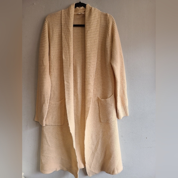 Women's medium beige textured stripe knit long duster open front cardigan - Picture 5 of 5